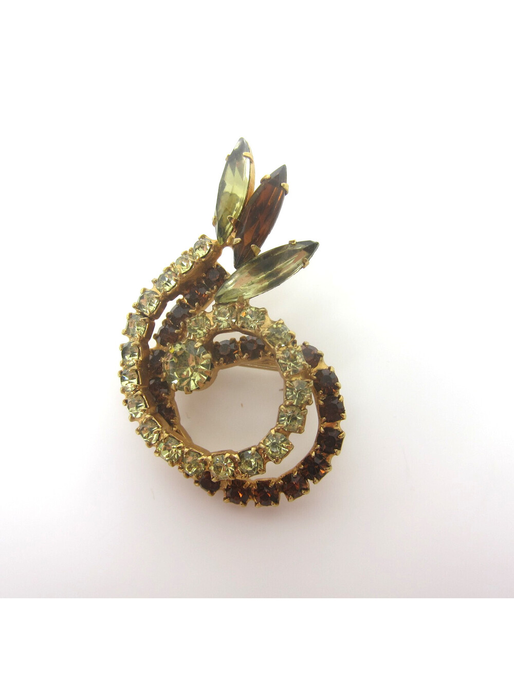 Vintage Pin Brooch Double Swirl Marquise Rhinestones Amber Green Gold Tone 1.75"